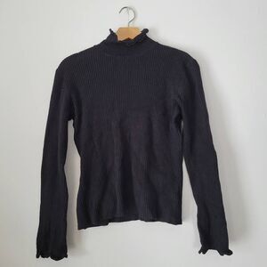 Petite Sophisticate Ribbed Mock Neck Top Women’s PL Black Stretch Knit Long Slee